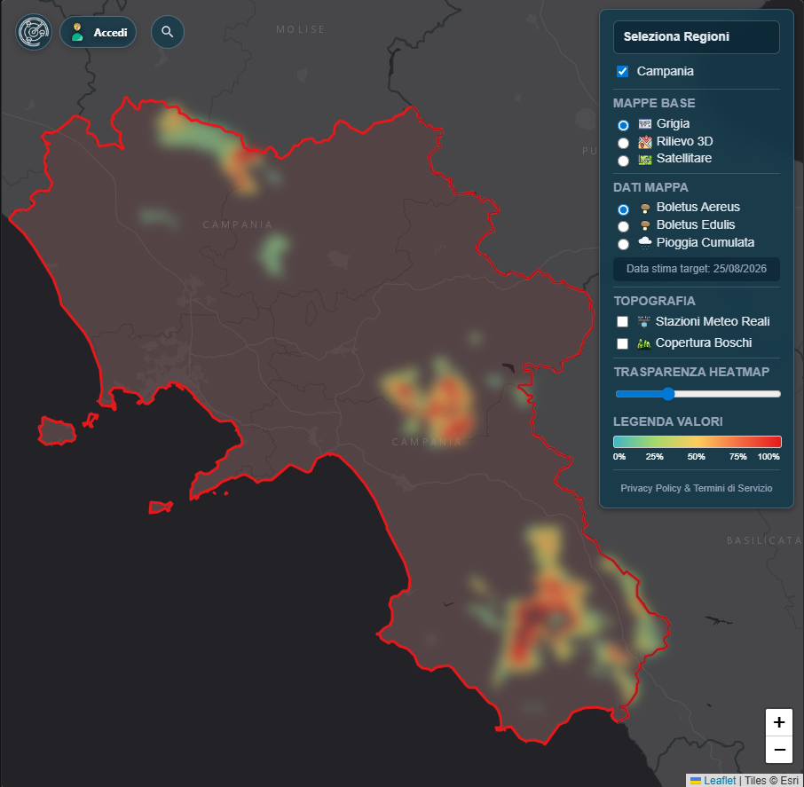 Mappa funghi con regione selezionata e punti a maggiore probabilita di crescita